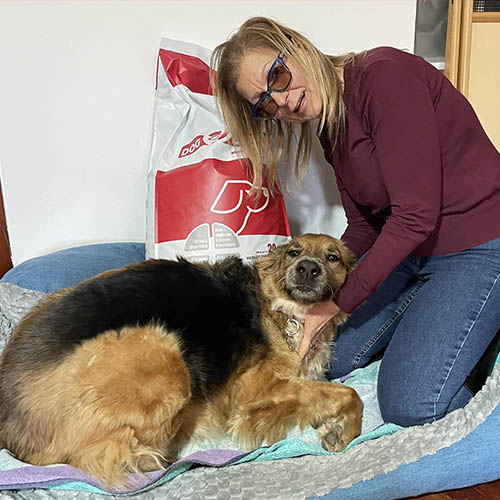 Uomo accovacciato con due cani Boxer e sullo sfondo sacco di crocchette Dogbauer
